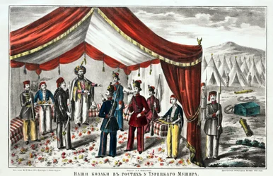 Kozacy odwiedzający turecki Mushir po bitwie pod Kurekdere - Anonim - 1855 - Litografia, akwarela - 55,7x68 - Kolekcja prywatna