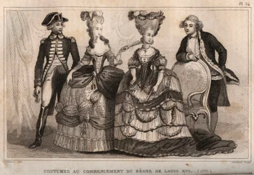Kostiumy na początku panowania Ludwika XVI (1775). Grawer z 1859 roku w „Le Monde”. Historia wszystkich narodów od najdawniejszych czasów do współczesności”. przez ME de Lostalot-Bachoue (Lostalot Bachoue). Prywatna kolekcja.