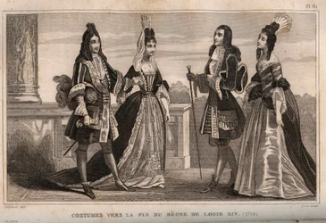 Kostiumy pod koniec panowania króla Ludwika XIV (1710). Grawer z 1859 roku w „Le Monde”. Historia wszystkich narodów od najdawniejszych czasów do współczesności”. przez ME de Lostalot-Bachoue (Lostalot Bachoue). Prywatna kolekcja.