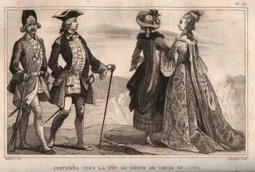 Kostiumy pod koniec panowania króla Ludwika XV (1770). Grawer z 1859 roku w „Le Monde”. Historia wszystkich narodów od najdawniejszych czasów do współczesności”. przez ME de Lostalot-Bachoue (Lostalot Bachoue). Prywatna kolekcja.