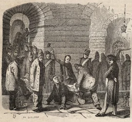 Sprzężenie w bagne Rochefort w XIX wieku. Grawer w „Historii skazanych od ich powstania do dnia dzisiejszego” (1877) autorstwa Pierre