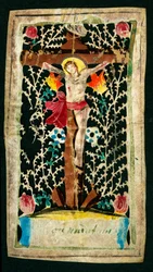 Ukrzyżowanie Pobożny obraz w kanale. Napisy INRI (INRI). Prywatna kolekcja