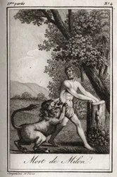 Śmierć Milona de Crotone (Milo z Croton) pochłonął wilk. Rycina z 1819 r. w „Lettres a Emilie sur la mitologie” Charlesa Alberta Demoustiera (1760-1801). Prywatna kolekcja.