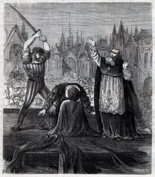Ścięcie hrabiego Egmonta i Hoorna (1568) w Brukseli podczas hiszpańskiej tyranii w Holandii - wojna dwudziestoletnia (1568-1648): dekolacja Lamorala, hrabiego Egmont, księcia Gavre (1522-1568), holenderskiego polityka. Został skazany we fram
