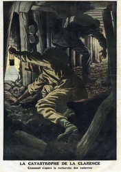 Katastrofa kopalni Clarence (Nord pas de calais): akcje ratunkowe mają na celu odzyskanie ciał ofiar wybuchu dymu. Ilustracja zaczerpnięta z „”Le Petite Journal”” 22.09.1912 Kolekcja prywatna.