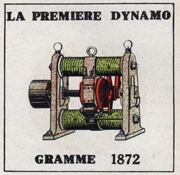 Dynamo: pierwsze dynamo wynalezione przez Zenobe Theophile Grama (1826-1901) w 1872 r. Anonimowa ilustracja z 1925 r. Kolekcja prywatna.
