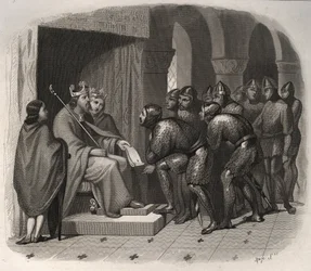 Edward Wyznawca (jeden z ostatnich anglosaskich królów Anglii) - św. Edward Wyznawca (1004-1066) nadający swojemu ludowi nowe prawa. Rycina z 1846 r. w „Żywotach świętych”. Prywatna kolekcja.