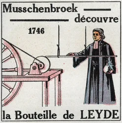 Kondensatory elektryczne: Pieter (Petrus, Pierre) van Musschenbroek (1692-1761) odkrył butelkę Lejdy, przodka kondensatora, w 1746 r. Anonimowa ilustracja z 1925 r. Zbiory prywatne.