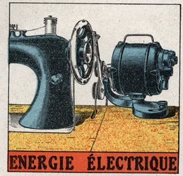 Zasilanie elektryczne: elektryczna maszyna do szycia. Anonimowa ilustracja z 1925 r. Ze zbiorów prywatnych.