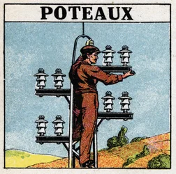 Rury elektryczne: słupy elektryczne. Anonimowa ilustracja z 1925 r. Ze zbiorów prywatnych.