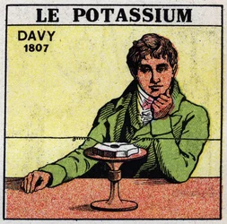 Elektrochemia: rozkład potażu (potasu) i sody przez Sir Humphry Davy (1778-1829) w 1807 r. Anonimowa ilustracja z 1925 r. Kolekcja prywatna.
