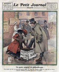 Eleganckie młode dziewczyny, których twarz skrywa się za maską, woskują buty przechodniów Londynu, aby zebrać pieniądze na angielskie szpitale. Ilustracja zaczerpnięta z „Le petit journal illustrious”” z 6.11.1921. Prywatna kolekcja