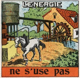 Energia się nie zużywa: koń przywiązuje się do ujeżdżalni i słyszy wodę w zbiorniku. Anonimowa ilustracja z 1925 r. Ze zbiorów prywatnych.