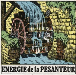 Energia grawitacji: koło młyna wodnego. Anonimowa ilustracja z 1925 r. Ze zbiorów prywatnych.