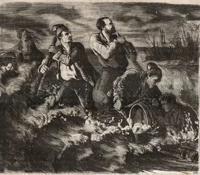 Ucieczka z więzienia Belle-Ile-en-Mer (piękna wyspa na morzu) w XIX wieku. Grawer „Historia więzień od ich powstania do dnia dzisiejszego” (1877) Pierre Zaccone (1817-1895) (Colonia Penale - kolonia karna)