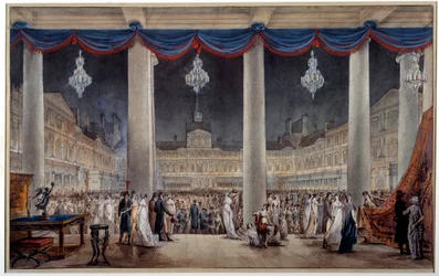 Wystawa wyrobów przemysłowych na dziedzińcu placu Luwru w 1801 r. Gwasz i anonimowa akwarela. 1801. Paryż, Musee Carnavalet