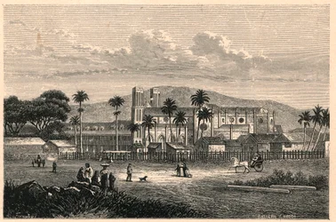 Zewnętrzny widok katedry Port of Spain (Port of Spain) w Trynidadzie (Trynidad i Tobago, Trynidad i Tobago). Grawer w „Les Missions Catholiques au XIXeme Siecle” Louis-Eugene (Louis Eugene) Louvet. prywatna kolekcja.