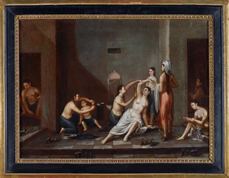 ""Kobiety myjące się w łaźni tureckiej"" (Kobiety w łaźni tureckiej) Anonimowy obraz 1741 - Olej na płótnie, 39x53 - Kolekcja prywatna