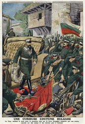 Pierwsza wojna bałkańska (Bałkany): car Bułgarii Ferdynand I (1861-1948) maszerujący na obce ziemie podbite przez jego armię w Mustafa-Paszy (Mustafa Pasza), obecnie Ferdynandowo, pietynuje broń i proporce wrogów””” ilustracja z „ Mały Dziennik””