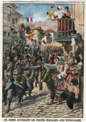 Pierwsza wojna światowa 1914-1918 (14-18): Serbowie z entuzjazmem witali wojska francuskie. Grawerowanie w „Le Petité Journal”, 24.10.1915. Prywatna kolekcja.