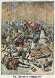 I wojna światowa 1914-1918 (14-18): „Krwawa Fantazja”. W lesie oddział trzydziestu ułanów (jeźdźców niemieckich z włócznią) walczył z ośmioma zwycięskimi spahisami algierskimi. Grawer w „”Le Petite Journal””, dnia 28.11.1915. Prywatna kolekcja.