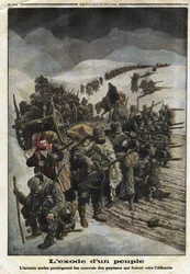 Pierwsza wojna światowa 1914-1918 (14-18): „Exodus ludu”. Armia serbska chroni konwoje chłopów uciekających z Serbii do Albanii. Grawerowanie w „Le Petite Journal”, 26.12.1915. Prywatna kolekcja.