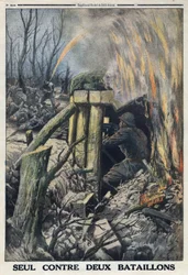 I wojna światowa 1914-1918 (wojna 14-18). Francuski oficer walczy samotnie z dwoma batalionami armii niemieckiej w Bois de Caures. W „” Le Petite Journal”, 14/05/1916. Prywatna kolekcja