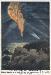 I wojna światowa 1914-1918 (wojna 14-18). Spadanie sterowca płonącej armii niemieckiej powracającej z nalotu na Anglię. W „”Le Petite Journal””, dnia 17.12.1916. Prywatna kolekcja