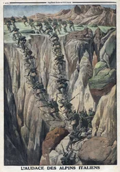 I wojna światowa 1914-1918 (wojna 14-18). Włoscy żołnierze wspinają się na szczyt Cauriol w Alpach Fiemme we Włoszech. W „Le Petite Journal”, 8 października