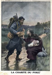 I wojna światowa 1914-1918 (wojna 14-18). Charytatywna owłosiona: francuski żołnierz na ścieżce zatrzymuje się, by ofiarować chleb kobiecie samotnie z dzieckiem. W „”Le Petite Journal””, dnia 9.01.2016 r. Prywatna kolekcja