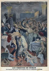I wojna światowa 1914-1918 (wojna 14-18). Kobiety z ludu włamują się do modnej restauracji i domagają się powrotu mężów. W „”Le Petite Journal””, dnia 16.01.1916. Prywatna kolekcja