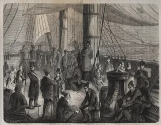 Pierwszy konwój wojsk z Tulonu do Kajenny (Gujana) na mocy dekretu z dnia 8 grudnia 1851 r. Grawer „Historia skazanych od ich powstania do dnia dzisiejszego” (1877) autorstwa Pierre