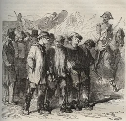 Skazani w marszu w bagne de Rochefort w XIX wieku. Grawer „Historia skazanych od ich powstania do dnia dzisiejszego” (1877) autorstwa Pierre