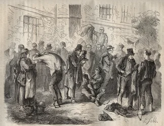 Forcats sprzedający swój dobytek przed wejściem do Tulonu Bagne w XIX wieku. Grawer w „Historii skazanych od ich powstania do dnia dzisiejszego” (1877) autorstwa Pierre