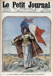 Francja (Marianna) chroni flagę narodową przed antypatriotyzmem - „Le Petit Journal” z października 1909 roku