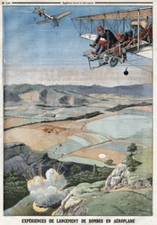 Francuski Armee: „”Doświadczenia wystrzeliwania bomby samolotu””. Grawerowanie w „Le Petité Journal”, 14/04/1912. Prywatna kolekcja.