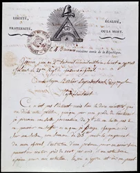 Rewolucja Francuska: pierwsza strona i nagłówek wojskowego pisma administracyjnego 4 mgła rok III (25.10.1794) z dnia 18 Frimaire rok III (08.12.1794) z republikańskim napisem „Liberte Egalite, Fraternite ou la Mort” i symbolami Franco-Maconnerie.