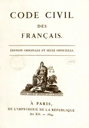 Frontyspekcja jednego z dwunastu oryginalnych wydań „Code civil des francais”” ogłoszonego przez Napoleona Bonaparte 21.03.1804. Francuska ustawa o prawach obywatelskich. B.N. Paryż