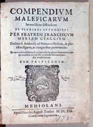 Frontyspis Compendium maleficarum Guazzo o demonologii i czarodziejstwie (grafika)