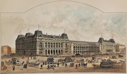 Gare Saint-Lazare (Saint Lazare) w 1887 przez Auguste Victora Deroya (1825-1906). Rycina z 1887 r. w tygodniku „Paryż-Prześwietny””.
