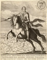 Gustave II Adolphe, dit le Grand ou le lion du Nord (1594-1632), roi de Suede, chevauchant la carte de Pomeranie - Gustavus Adolphus przed mapą Pomorza w tle - Anonymous - 1630 - Miedzioryt - 30,4x23, 9 – Kolekcja prywatna