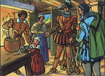 Henryk IV i kurczak w garnku. Anonimowa ilustracja w „”Kolekcji suwerenów i głów państw Francji””. XX wiek. Prywatna kolekcja.