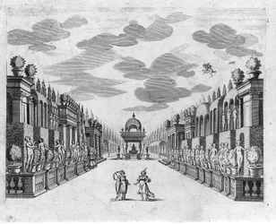 Ilustracja do sceny 4 aktu II opery w 5 aktach „Bellerofonte” autorstwa Francesco Sacrati. Wystrój autorstwa Jacopo Torelli
