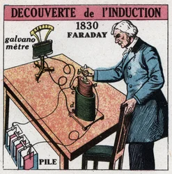 Indukcja: odkryta indukcja przez Michaela Faradaya (1791-1867) w latach 1830-1831 przy użyciu baterii i galwanometru. Anonimowa ilustracja z 1925 r. Ze zbiorów prywatnych.