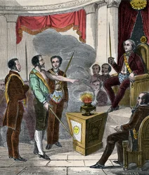 Inicjacja francuskiego masona do bractwa - Przyjęcie (ceremonia) Franc-Maçona - Rycina z 1879 roku w „Histoire des Sociétés Secrètes, Politiques et Religions” Pierre