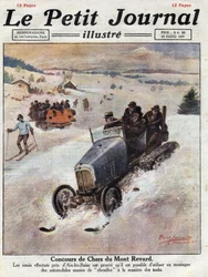 Innowacje w samochodach w górach, tory są umieszczone na kołach, aby uniknąć uszkodzeń. Ilustracja zaczerpnięta z „”Le petit journal”” z 27.02.1921. Prywatna kolekcja