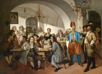 ""Wnętrze kawiarni w Wiedniu, Austria"" (Scena starego wiedeńskiego kawiarni) Obraz anonimowy ok. 1900 r. Wymiary 63x100 cm Kolekcja prywatna