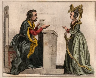 Jehan Pastoret (1328-1405), przewodniczący parlamentu paryskiego za panowania Karola V ze szlachcianką w liripionie. Grawer z 1859 roku w „Le Monde”. Historia wszystkich narodów od najdawniejszych czasów do współczesności”. przez ME de Lostal