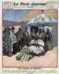 Egzekwowanie prawa i feminizm w czarnoskórych krajach afrykańskich: południowoafrykański król radzi się swoich kobiet przed wydaniem wyroku. Ilustracja z „Le Petit Journal” z 18/12/1921. Kolekcja prywatna.