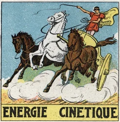 Energia kinetyczna: aurige w czasach starożytnych jazdy czołgiem ciągniętym przez konie. Anonimowa ilustracja z 1925 r. Ze zbiorów prywatnych.